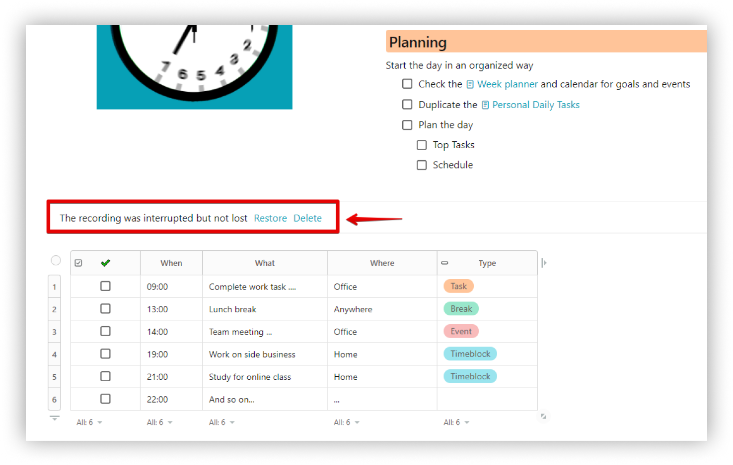  If the audio recording is interrupted for some reason, you can restore or delete it.